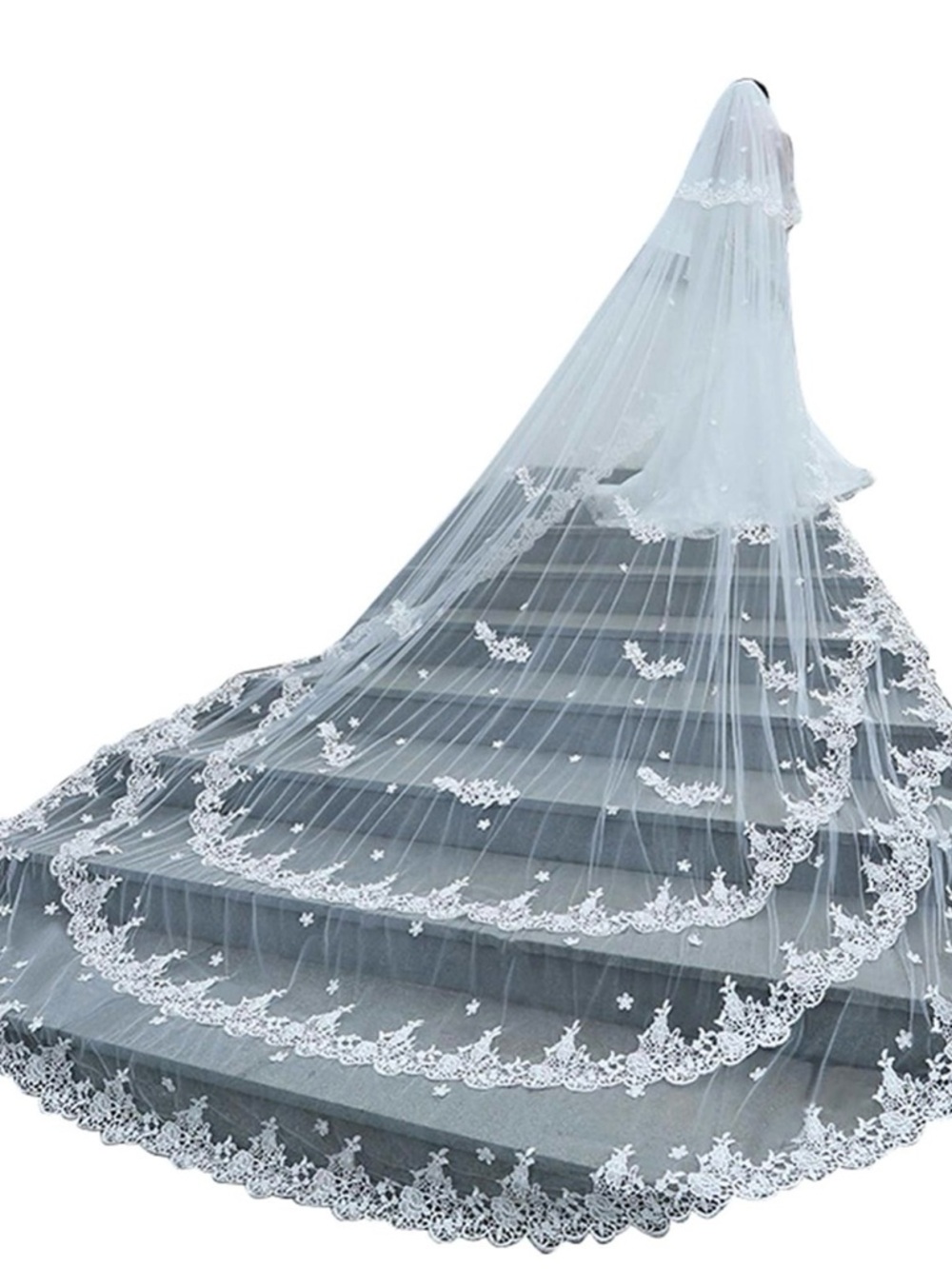 Long White Lace Edge Bridal Veil with Cathedral Train